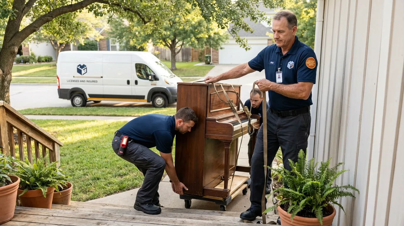 Licensed piano movers securing grand piano in Eureka, MO