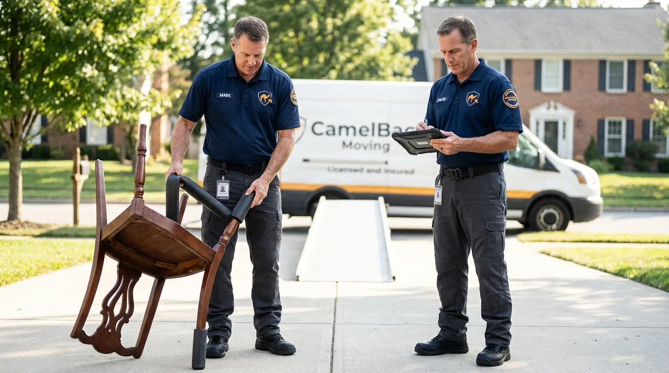 Movers inspecting furniture for damage prevention before loading in Eureka, MO